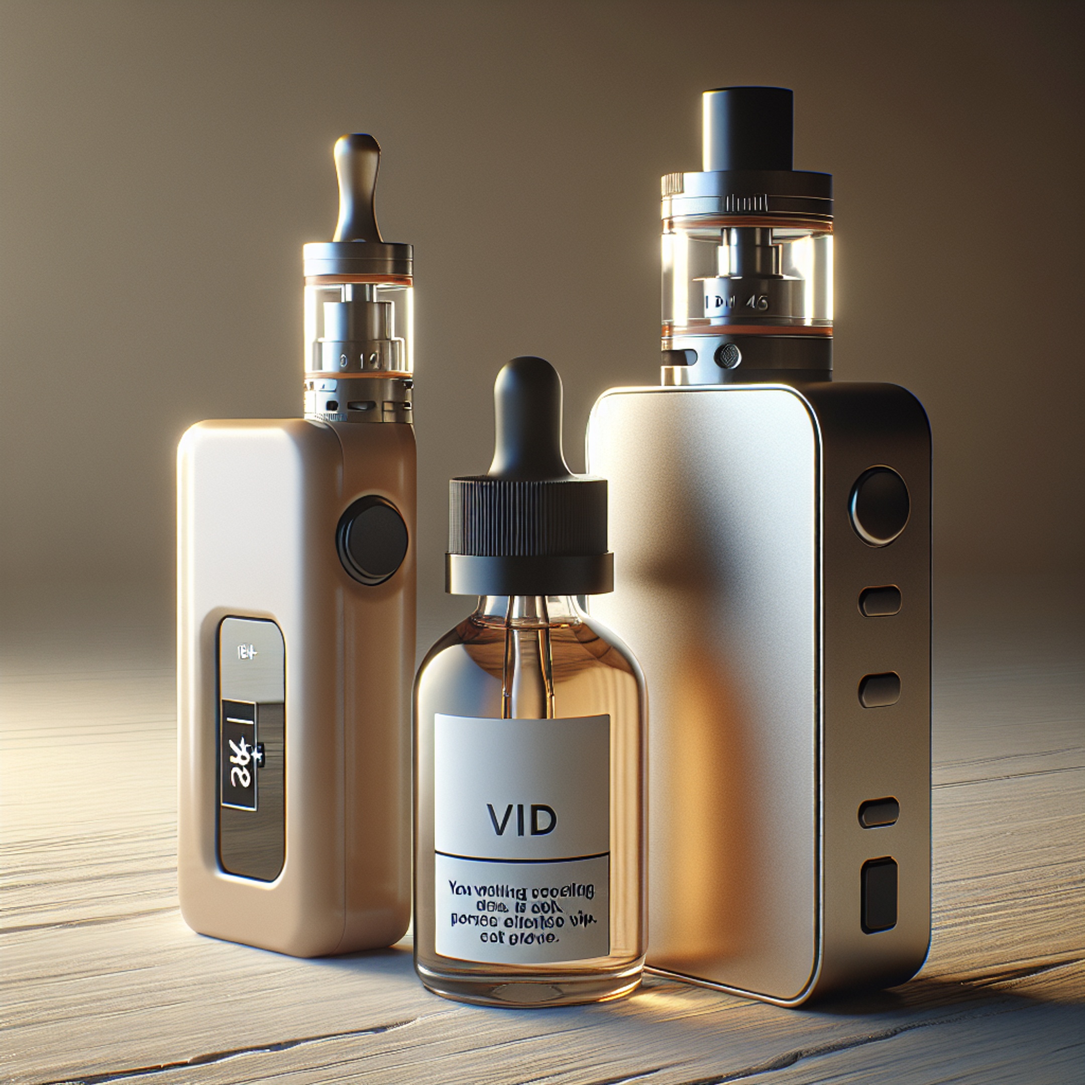 Преміум рідина для вейпа поруч із pod‑пристроєм і Thelema Elite DM45 на чистому дерев'яному тлі, м'яке зимове освітлення, етикетка 18+