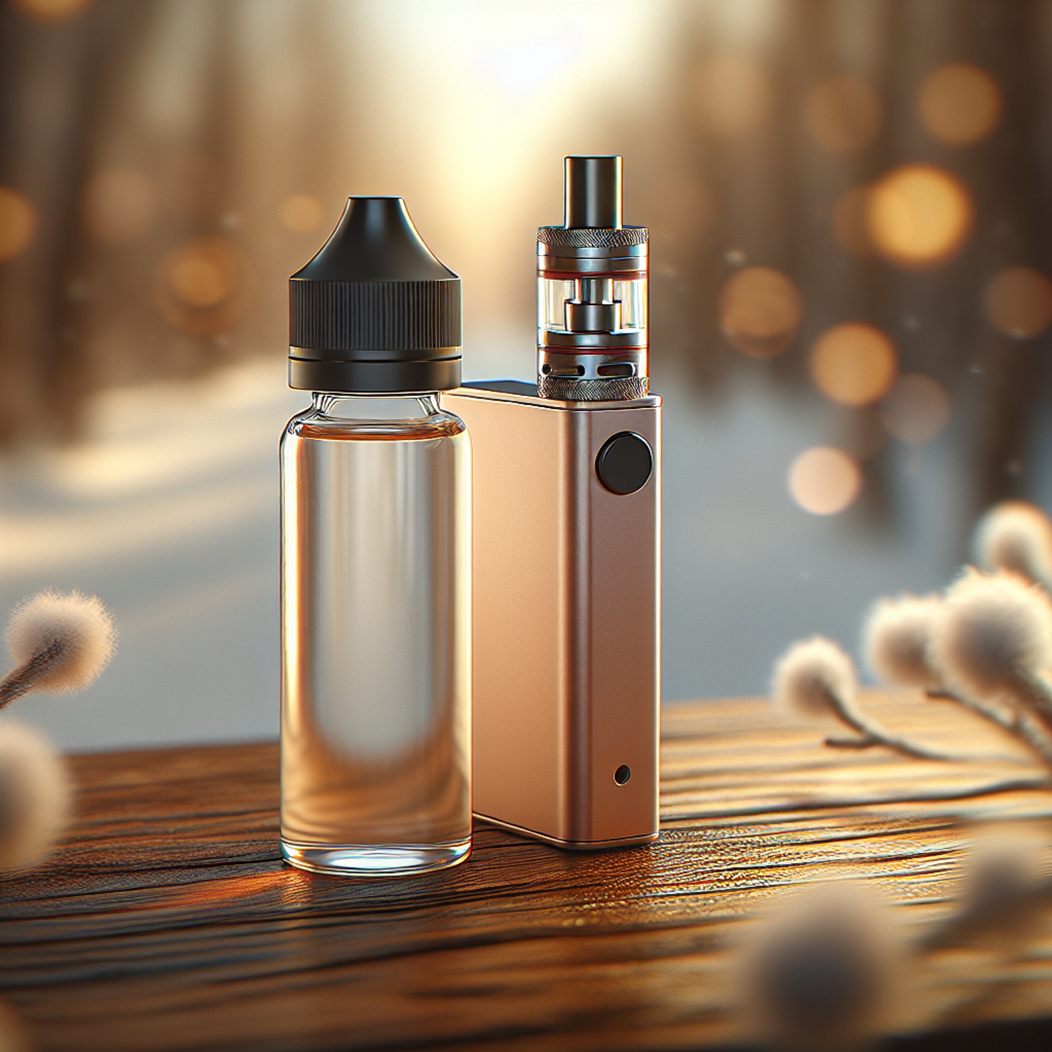 Преміум рідина для вейпа Twins, Rebel, Lucky, Chaser поруч із pod-системою на дерев'яній поверхні в теплих зимових тонах
