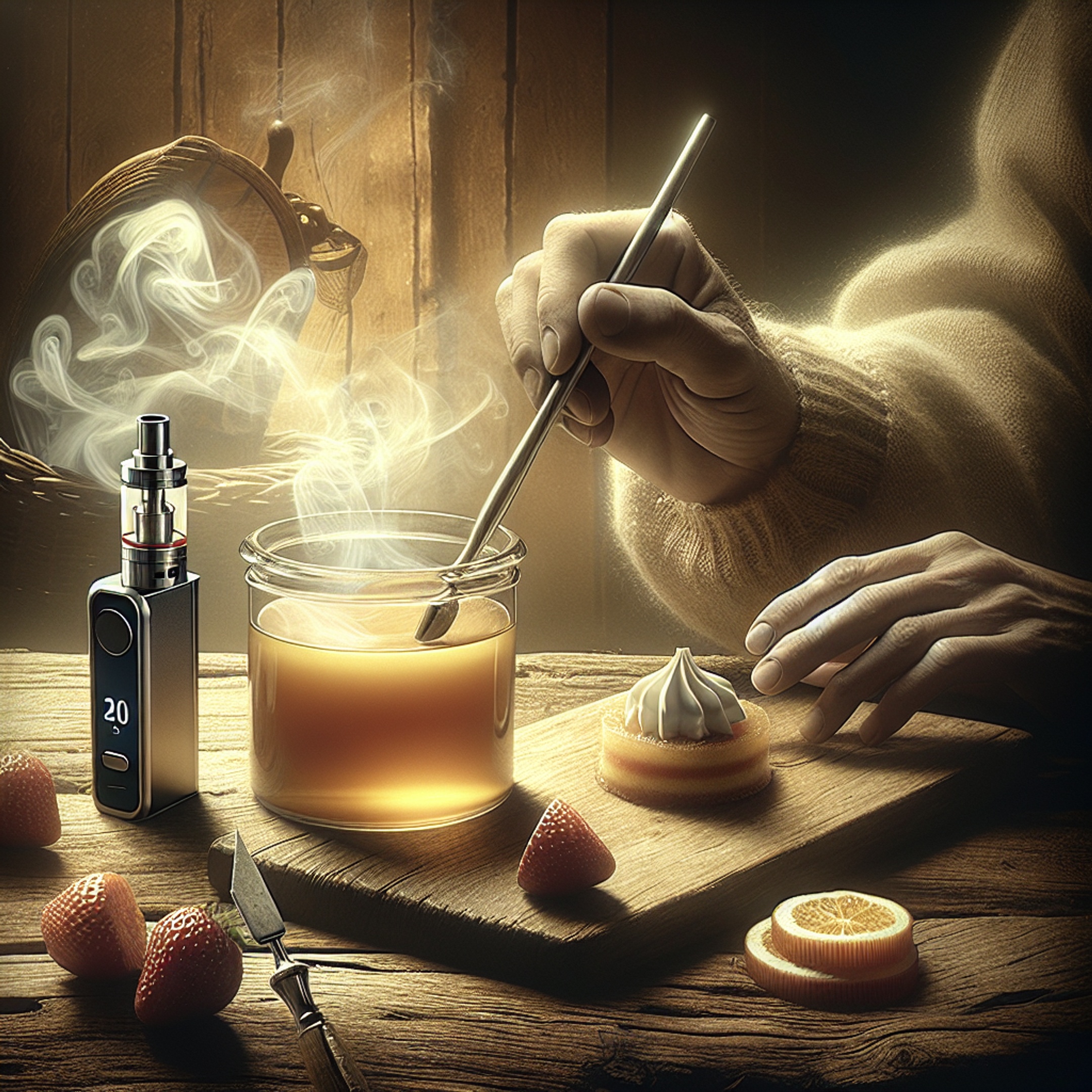 Самозамеса десертної флаффі пафф жижі в скляній пляшці на дерев'яному столі, на фоні pod система та дрипка, тепле зимове освітлення