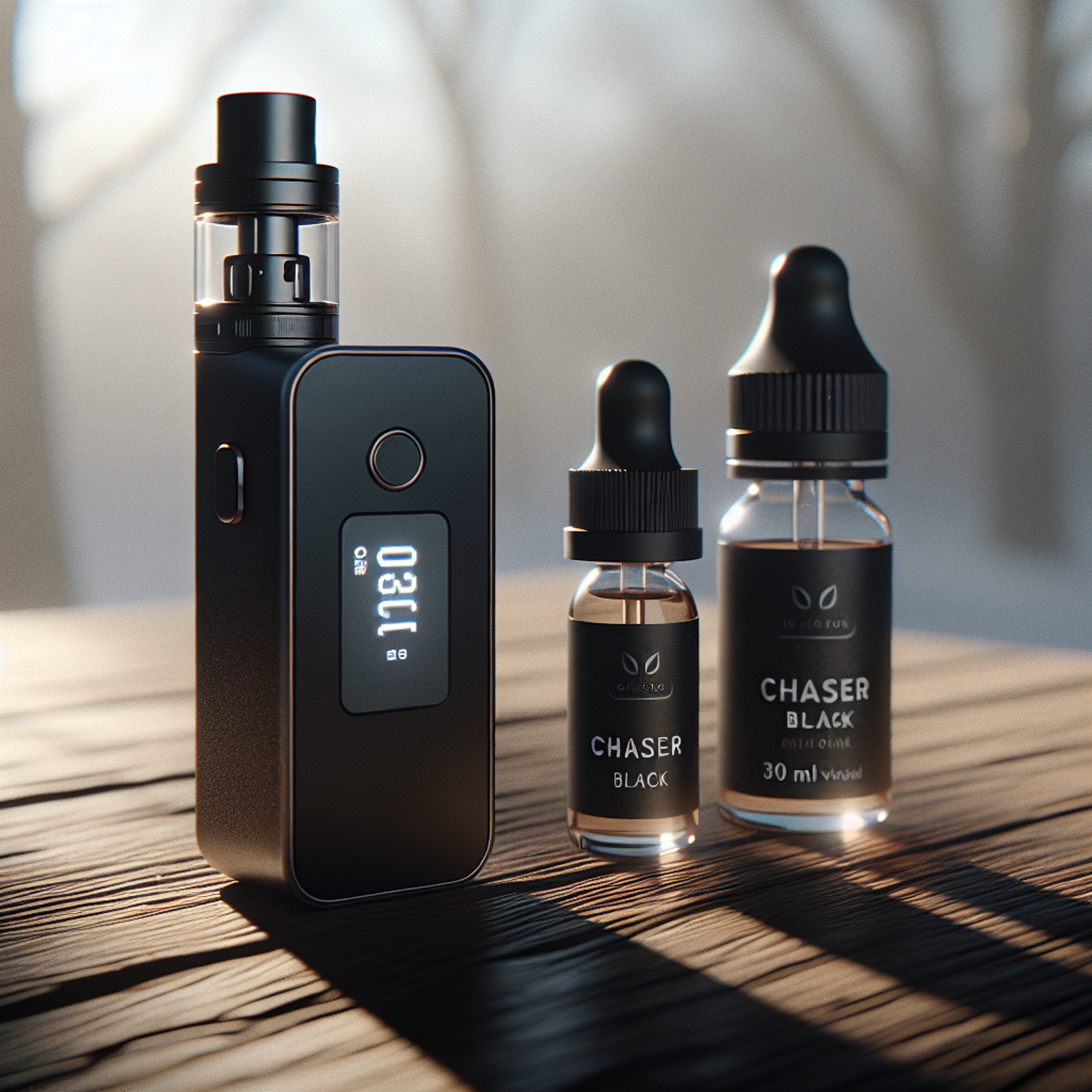 Подик з екраном поруч із пляшечкою chaser black 30 ml та готовою in bottle рідиною на дерев'яному столі при м'якому зимовому світлі