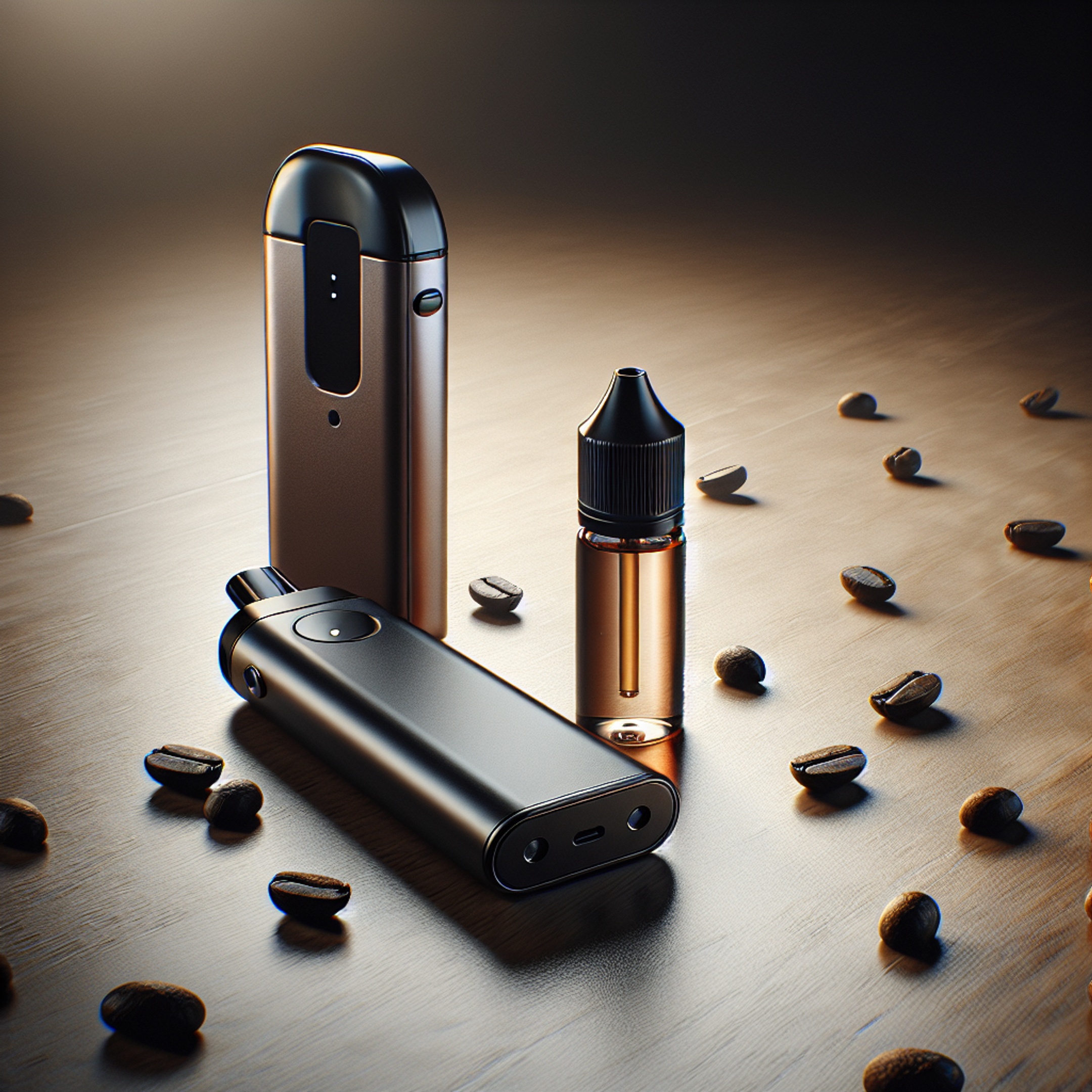 Lost Vape Orion Art з in-bottle жижею та кавовими зернами на дерев'яній поверхні, мінімалістичне продуктове фото