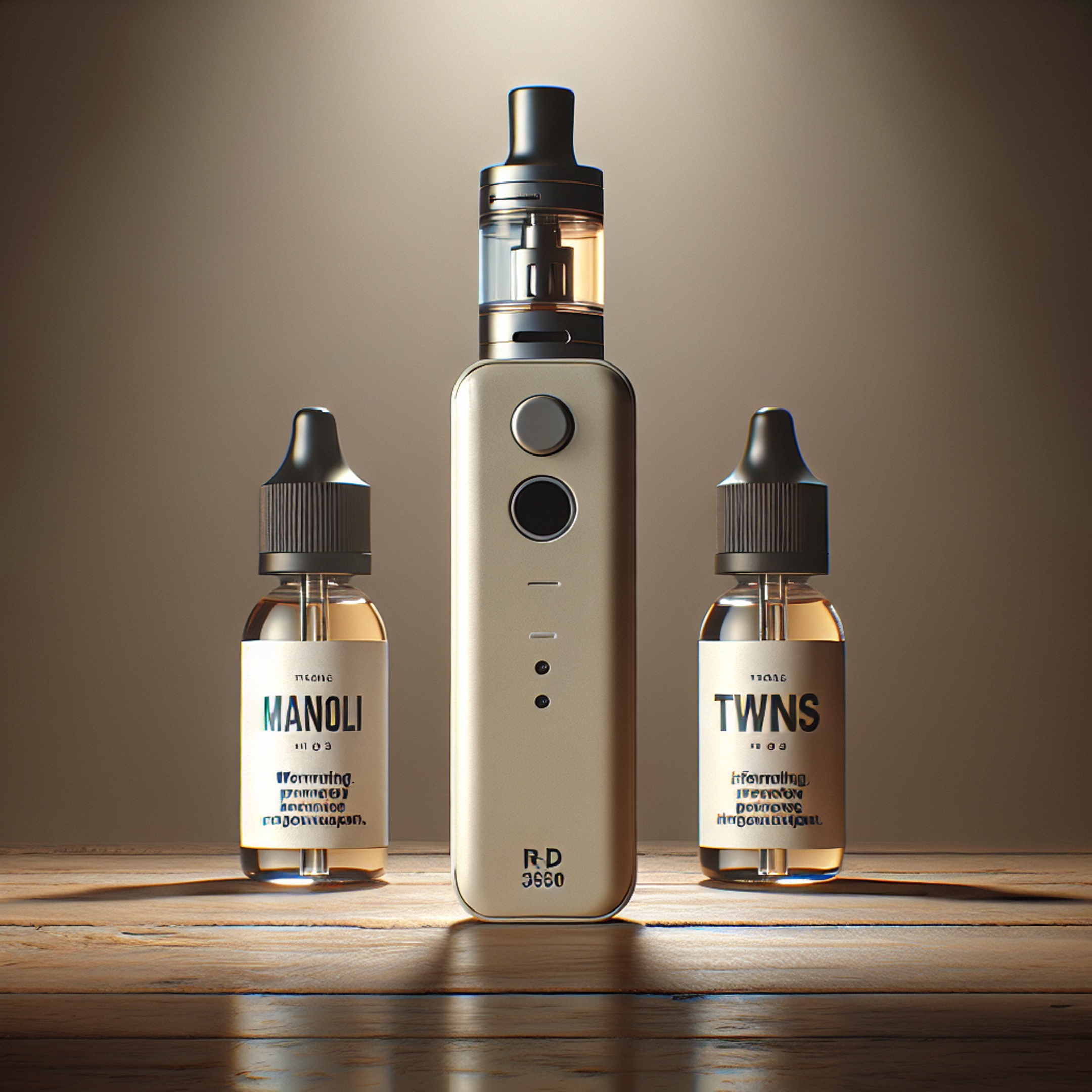RF 350 пристрій на дерев'яному столі поруч із флаконами жижі Manoli, Twins та Refrost - вибір девайсу й сумісних Coil Master котушок
